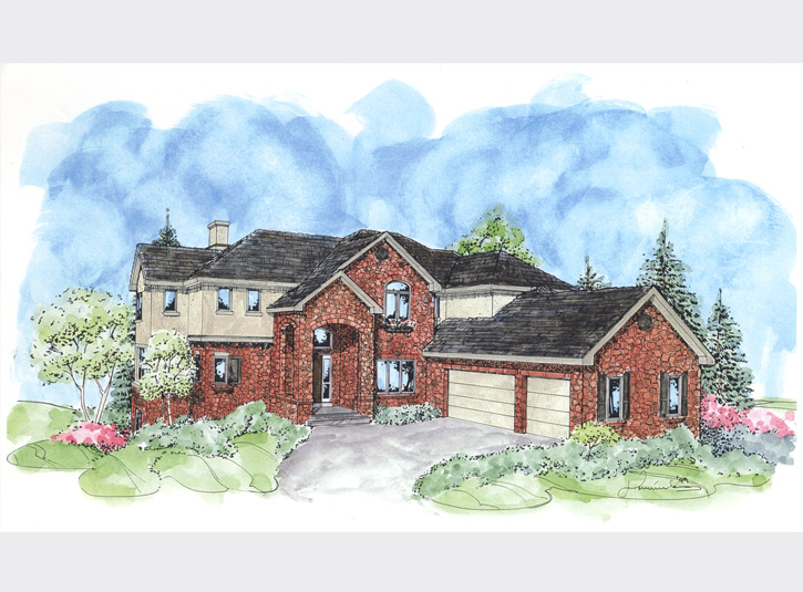 Another watercolor over pen and ink perspective rendering of a home for a custom builder.