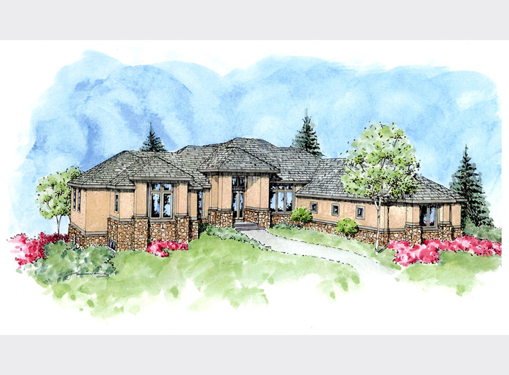 Another watercolor over pen and ink perspective rendering of a home for a custom builder.