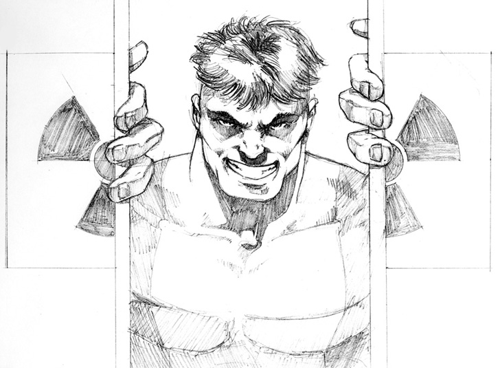 Pencil layout for a Hulk painting. I can't seem to find a scan of the finished piece, and the original is long gone. Roughly 9 x 12.