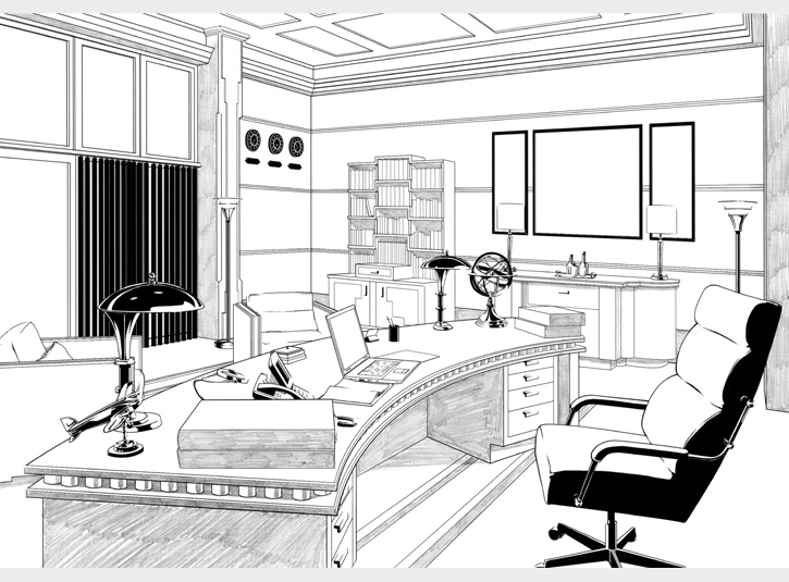 Background drawing of Perry White's office at the Daily Planet used in the comic book adaptation of Superman Returns from DC Comics, 2006.