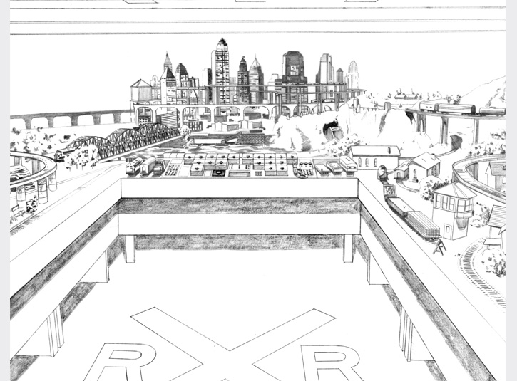 Background drawing of an elaborate train set soon to be destroyed by Lex Luthor, used in the comic book adaptation of Superman Returns from DC Comics, 2006.