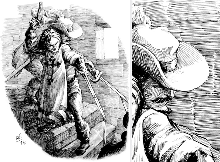 Pen and ink illustration on 16 x 20 bristol plate. Pencils by Gabe Hernandez. Original available. Detail on right.