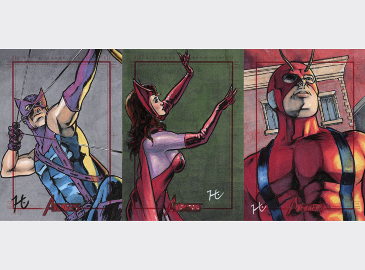 2.5 x 3.5 sketchcards from the Marvel's Greatest Heroes card set by Rittenhouse Archives, 2012. Pen and ink and Copic Markers.