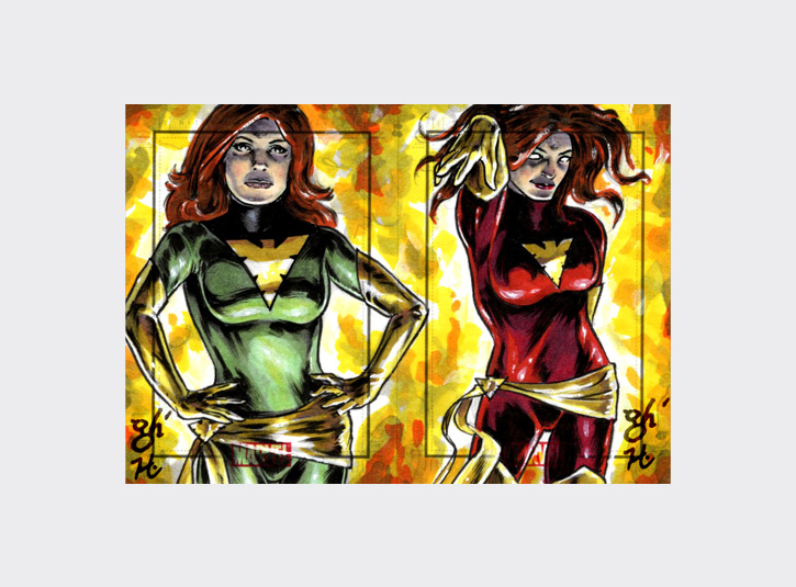 2.5 x 3.5 sketchcards from the Marvel Heroes and Villains card set by Rittenhouse Archives, 2010. My brother Gabe and I were asked to create a series of 2-card puzzles for this set as an incentive for collectors and dealers. Pencils (by Gabe), ink, and Copic markers.