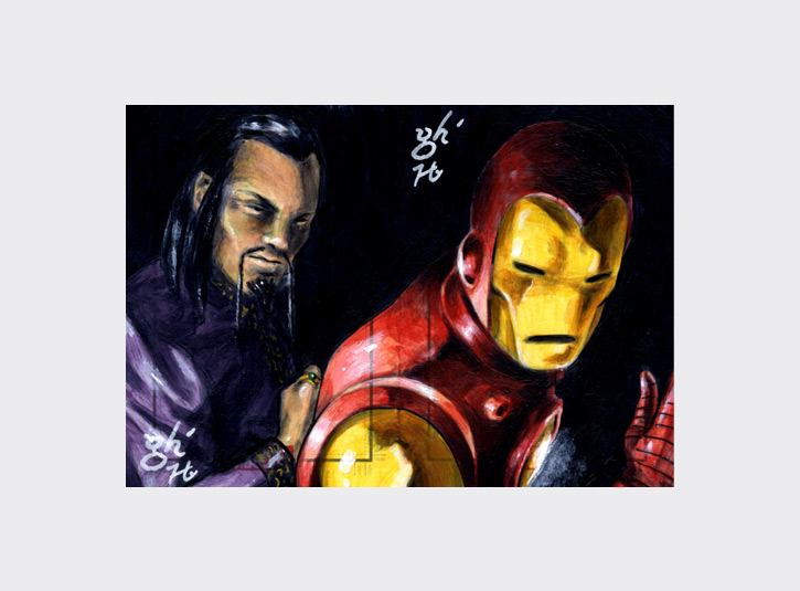2.5 x 3.5 sketchcards from the Marvel Heroes and Villains card set by Rittenhouse Archives, 2010. My brother Gabe and I were asked to create a series of 2-card puzzles for this set as an incentive for collectors and dealers. Pencils (by Gabe) and acrylic paint.