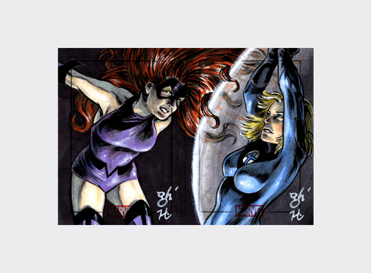 2.5 x 3.5 sketchcards from the Marvel Heroes and Villains card set by Rittenhouse Archives, 2010. My brother Gabe and I were asked to create a series of 2-card puzzles for this set as an incentive for collectors and dealers. Pencils (by Gabe), ink, and Copic markers.