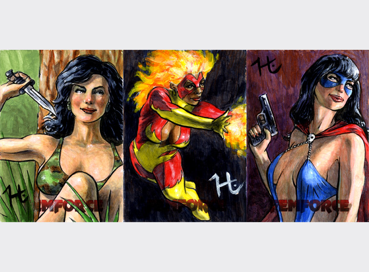 2.5 x 3.5 sketchcards from the FemForce card set by SadLittles, 2010. Pen and ink and acrylic paint.