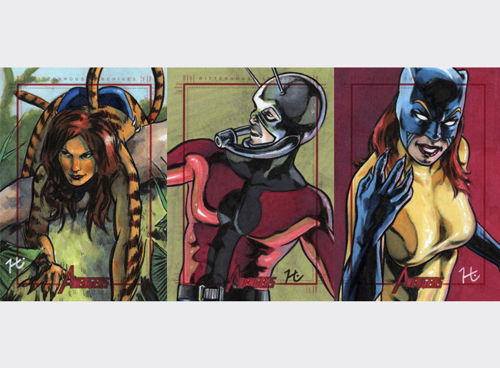 2.5 x 3.5 sketchcards from the Marvel's Greatest Heroes card set by Rittenhouse Archives, 2012. Pen and ink and Copic Markers.