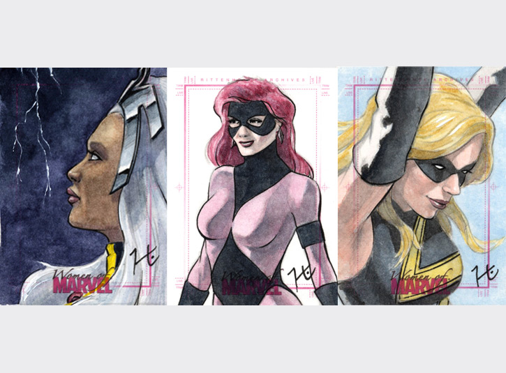 2.5 x 3.5 sketchcards from the Women of Marvel card set by Rittenhouse Archives, 2008. Pencil, ink, and watercolors.