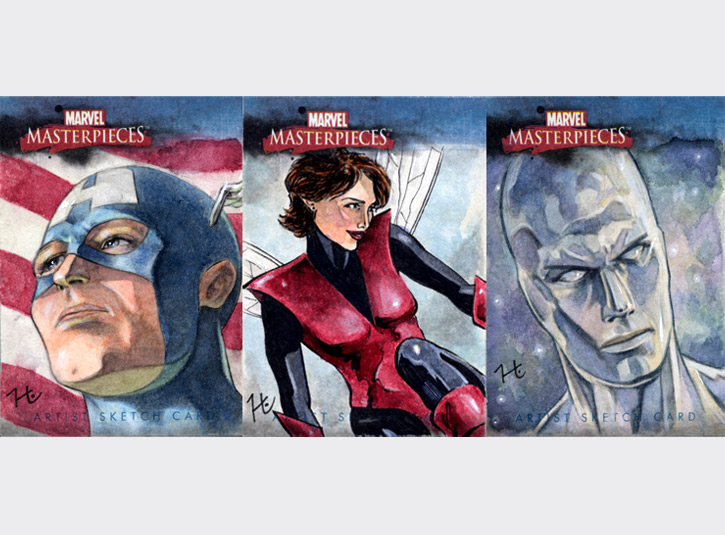 2.5 x 3.5 sketchcards from the Marvel Masterpieces card set by Upper Deck, 2007. Pencil, ink, and watercolors.