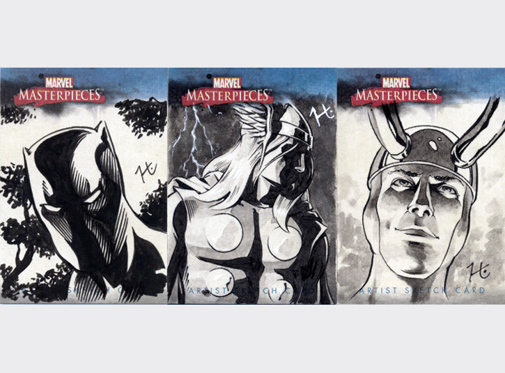 2.5 x 3.5 sketchcards from the Marvel Masterpieces card set by Upper Deck, 2007. Pen and ink, and ink wash.