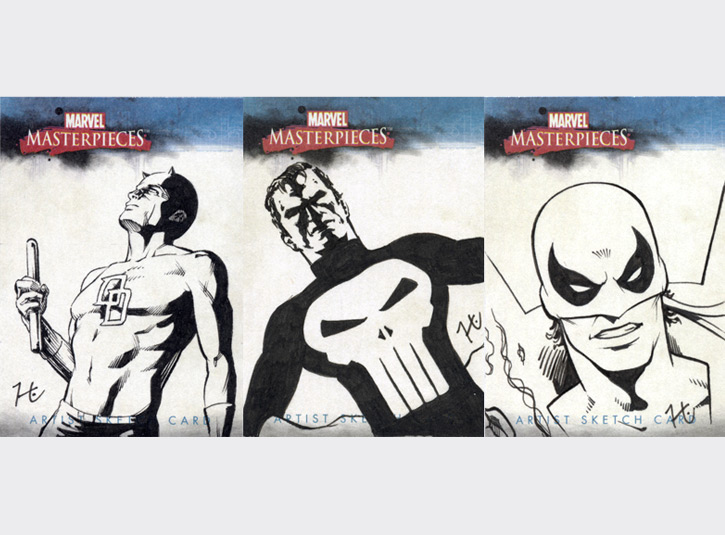 2.5 x 3.5 sketchcards from the Marvel Masterpieces card set by Upper Deck, 2007. Pen and ink.