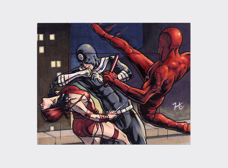 Commissioned Artist's Proof card from the Marvel Greatest Heroes card set from Rittenhouse Archives. The collector wanted a scene with Bullseye, Elektra, and Daredevil, and this is what I came up with. Pre-cut card dimensions: 4 x 5 inches. Pen and ink and Copic Markers.