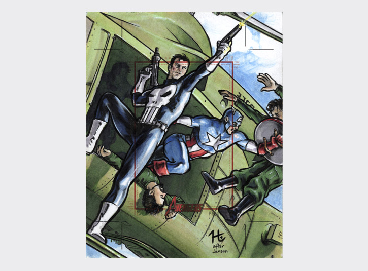 Commissioned Artist's Proof card from the Marvel Greatest Heroes card set from Rittenhouse Archives. The collector asked me for my interpretation of the cover to Blood and Glory #1 by Klaus Janson, featuring The Punisher and Captain America. I put myself as the bad guy on his back in the helicopter just for fun. Pre-cut card dimensions: 4 x 5 inches. Pen and ink and Copic Markers.