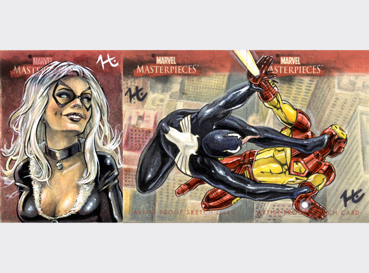 Commissioned Artist's Proof cards from the Marvel Masterpieces card set from Upper Deck. Black Cat's on the left; the 2-card puzzle is Venom vs. Iron Man. Each card measures 2.5 x 3.5, pen and ink, watercolor, and acrylic paint.