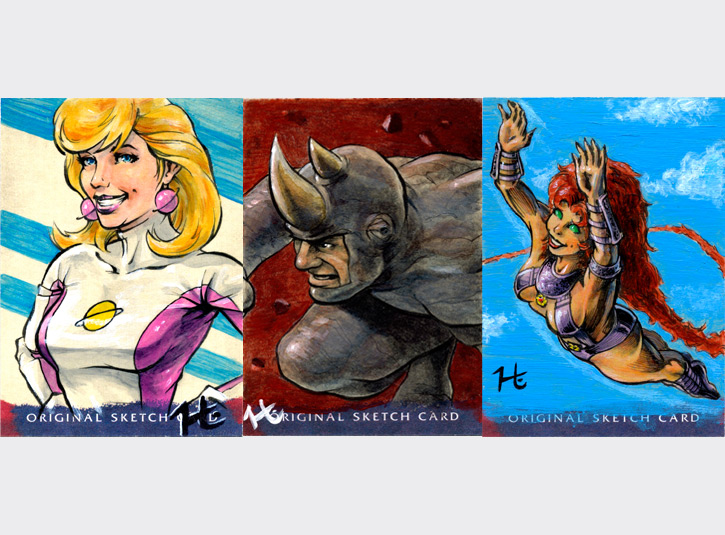 Personal sketch cards for collectors: Saturn Girl, Rhino, and Starfire. Pen and ink and acrylic paint on 2.5 x 3.5 sketchcards.