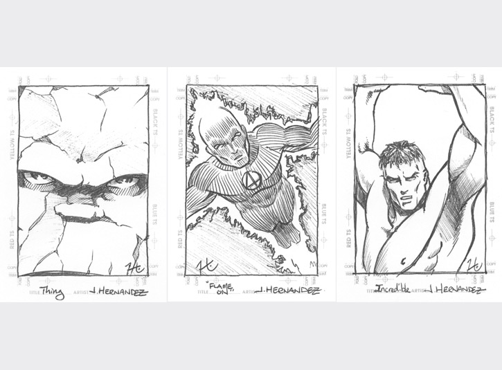 2.5 x 3.5 sketchcards from the Marvel Creator's Collection by Fleer/Skybox, 1998. This was the card set that really ignited the sketchcard craze. Back then, sketchcards were actually quick sketches, unlike the fully illustrated monstrosities they've turned into today. I did mine in straight ballpoint pen. I was still referring to myself professionally as Jacinto back then, hence the J. Hernandez listed as the artist on the cards.