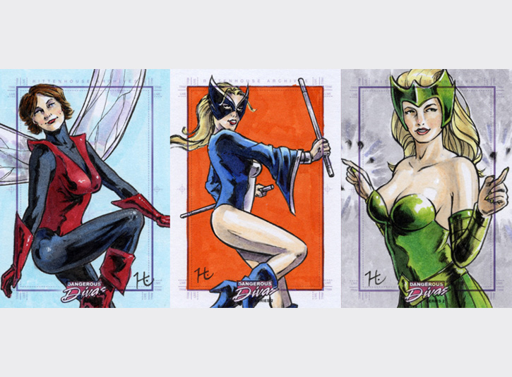 2.5 x 3.5 sketchcards from the Marvel's Dangerous Divas 2 card set by Rittenhouse Archives, 2014. Pen and ink and Copic Markers.