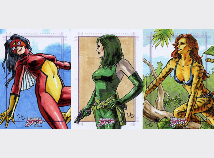 2.5 x 3.5 sketchcards from the Marvel's Dangerous Divas 2 card set by Rittenhouse Archives, 2014. Pen and ink and Copic Markers.