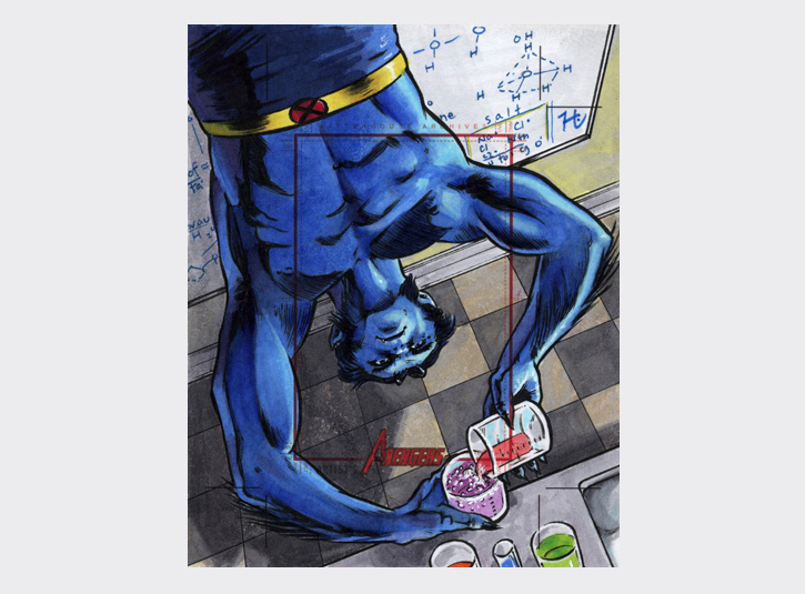 Commissioned Artist's Proof card from the Marvel Greatest Heroes card set from Rittenhouse Archives. Hank McCoy, aka the Beast doing some work in the lab. Pre-cut card dimensions: 4 x 5 inches. Pen and ink and Copic Markers.