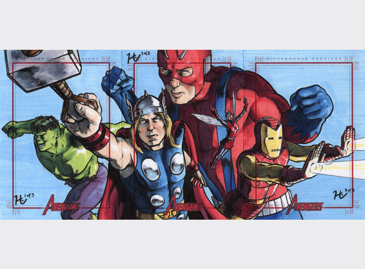 3-card puzzle of Hulk, Thor, Giant Man, Wasp, and Iron Man, the five founding members of the Avengers from the comics. 2.5 x 3.5 sketchcards from the Marvel's Greatest Heroes card set by Rittenhouse Archives, 2012. Pen and ink and copic markers.