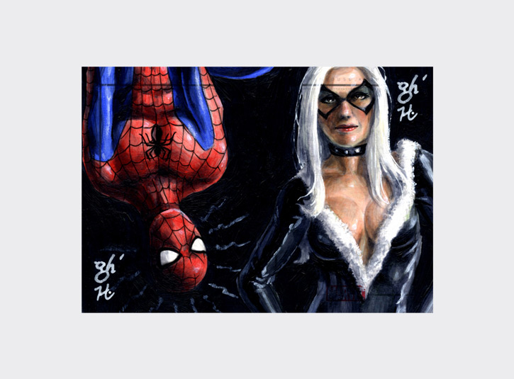 2.5 x 3.5 sketchcards from the Marvel Heroes and Villains card set by Rittenhouse Archives, 2010. My brother Gabe and I were asked to create a series of 2-card puzzles for this set as an incentive for collectors and dealers. Pencils (by Gabe) and acrylic paint.